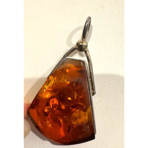 Huge Amber and Sterling Silver Pendant Russian Amber Modernist Statement Piece